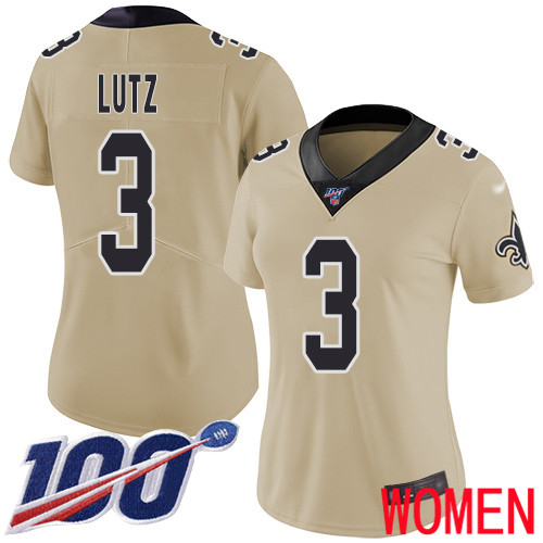 New Orleans Saints Limited Gold Women Wil Lutz Jersey NFL Football #3 100th Season Inverted Legend Jersey